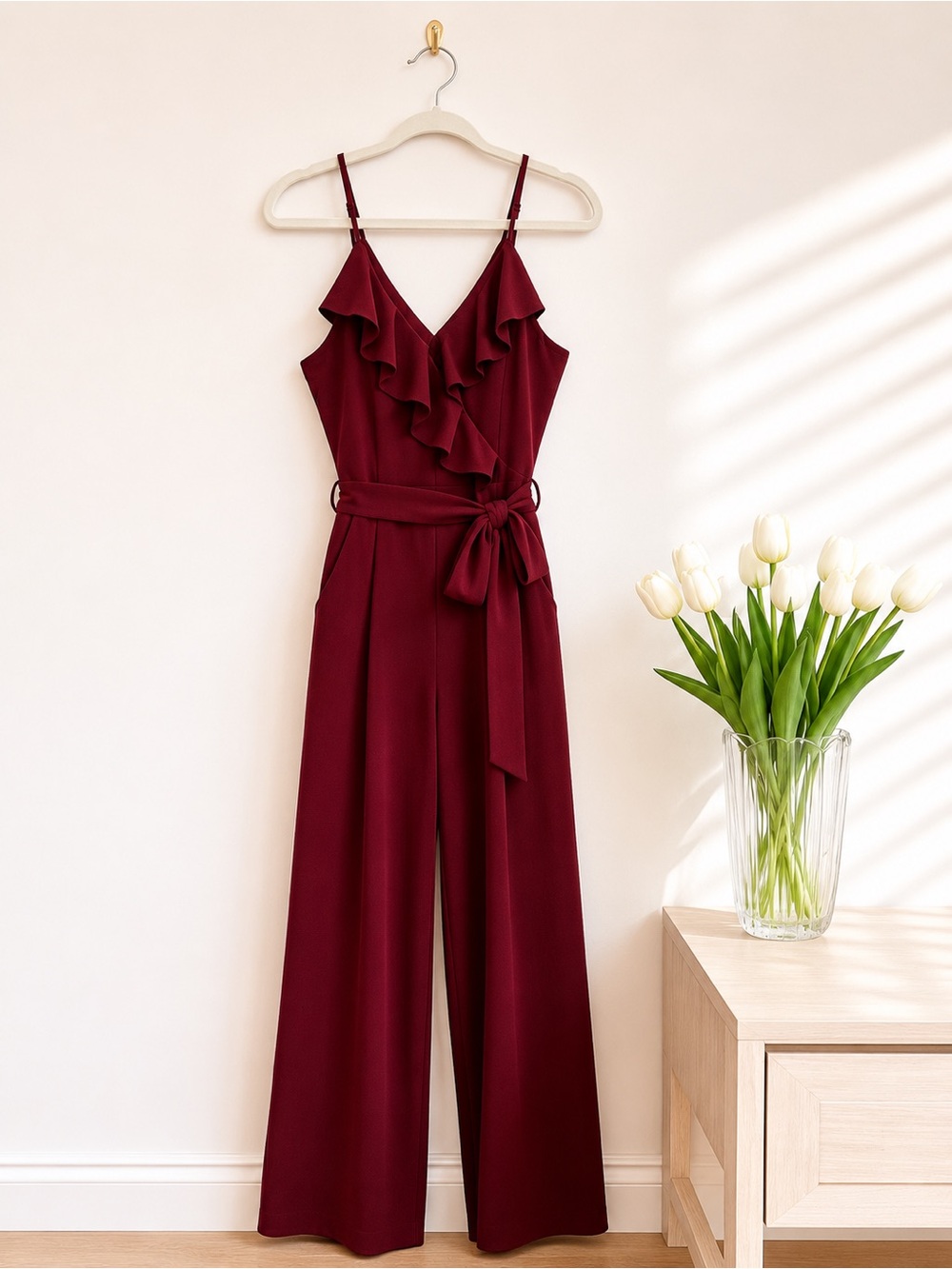 Emerald Sundae Burgundy Ruffle Wide Leg Jumpsuit Medium Wedding Guest